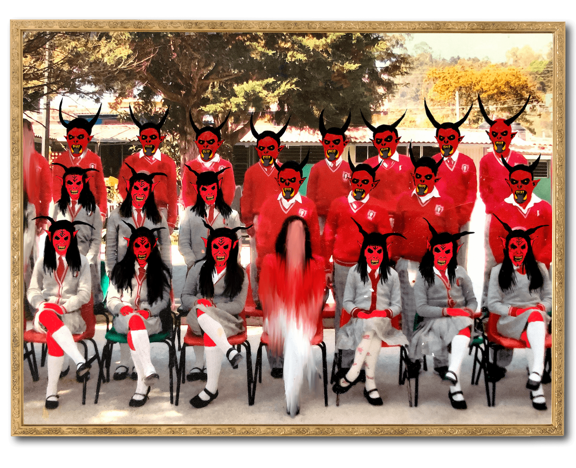 School group photo with several young men and women, whose faces are all manipulated and drawn on to resemble devils.