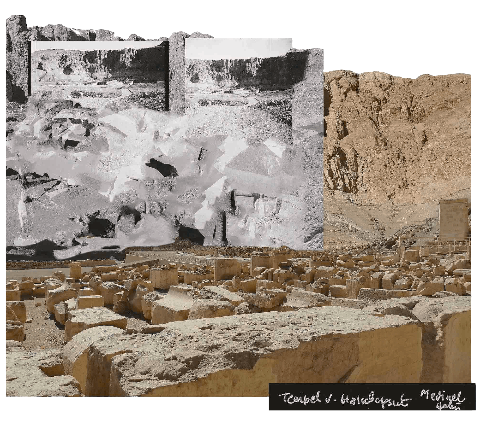 Two images superimposed depicting ruins of Hatshepsut's temple in Egypt