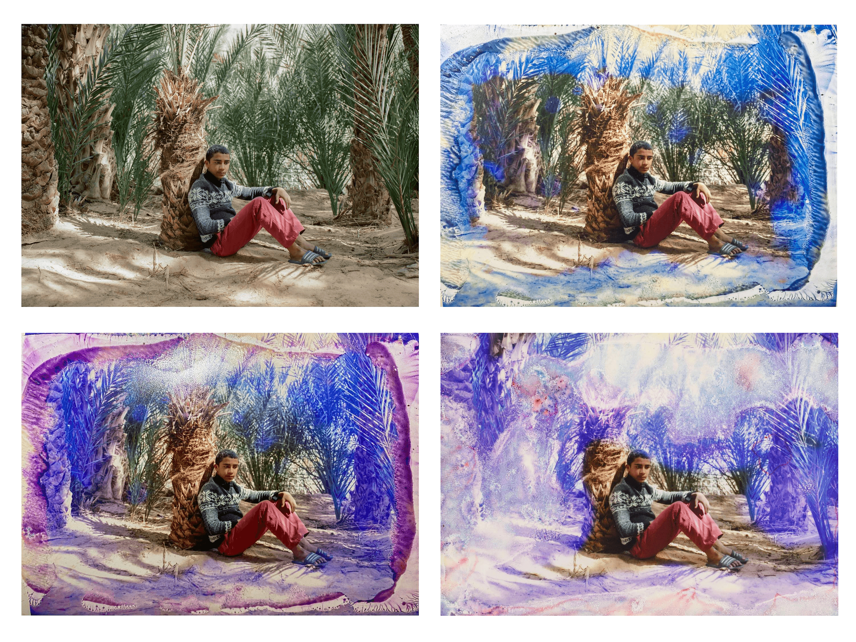 Four images of a boy sitting under a palm tree. Images appear to have been manipulated with acid, creating a blue film. Photos by Seif Kousmate