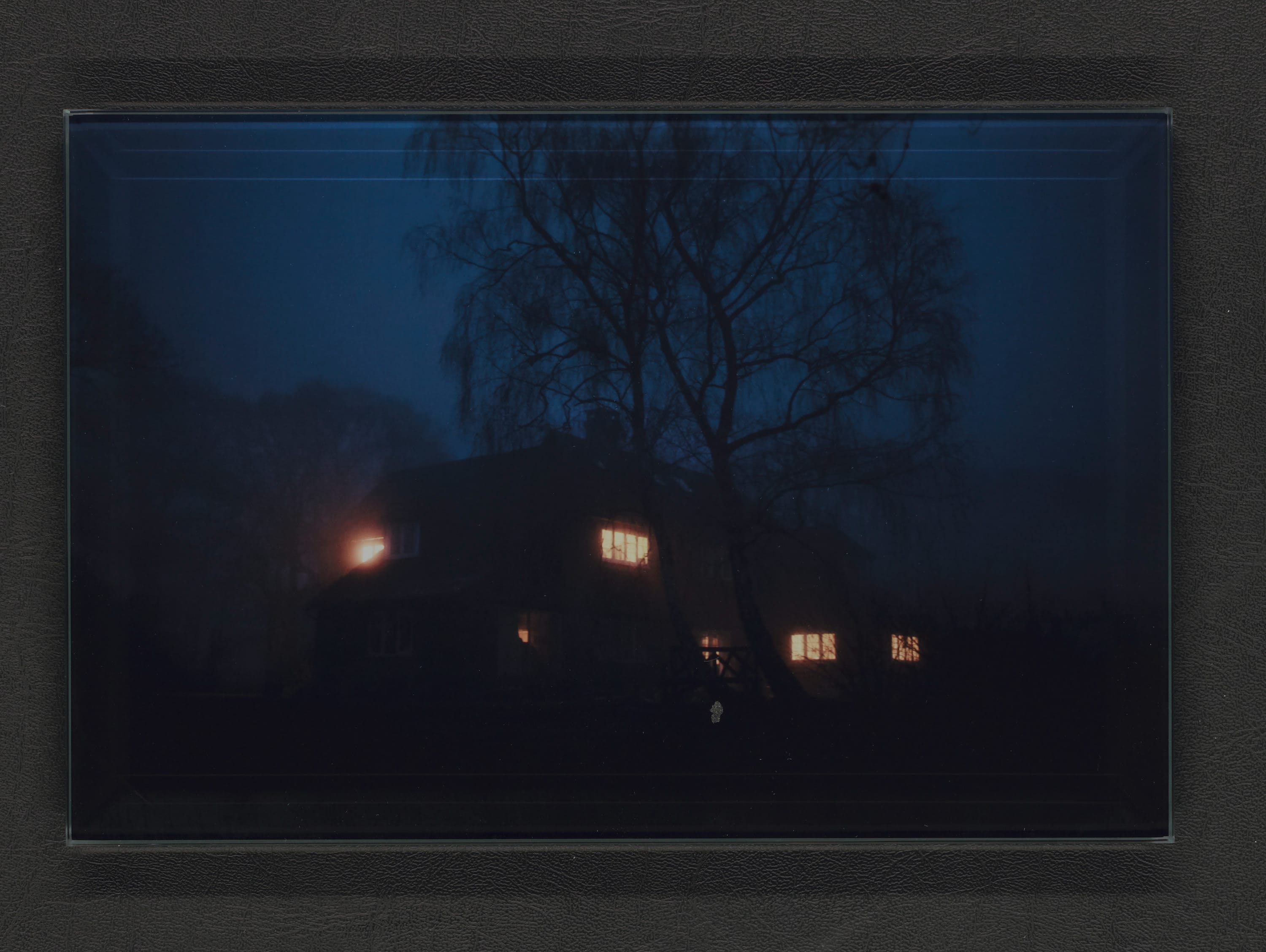 Een huis in het donker met verlichte ramen, twee grote bomen staan voor het huis.