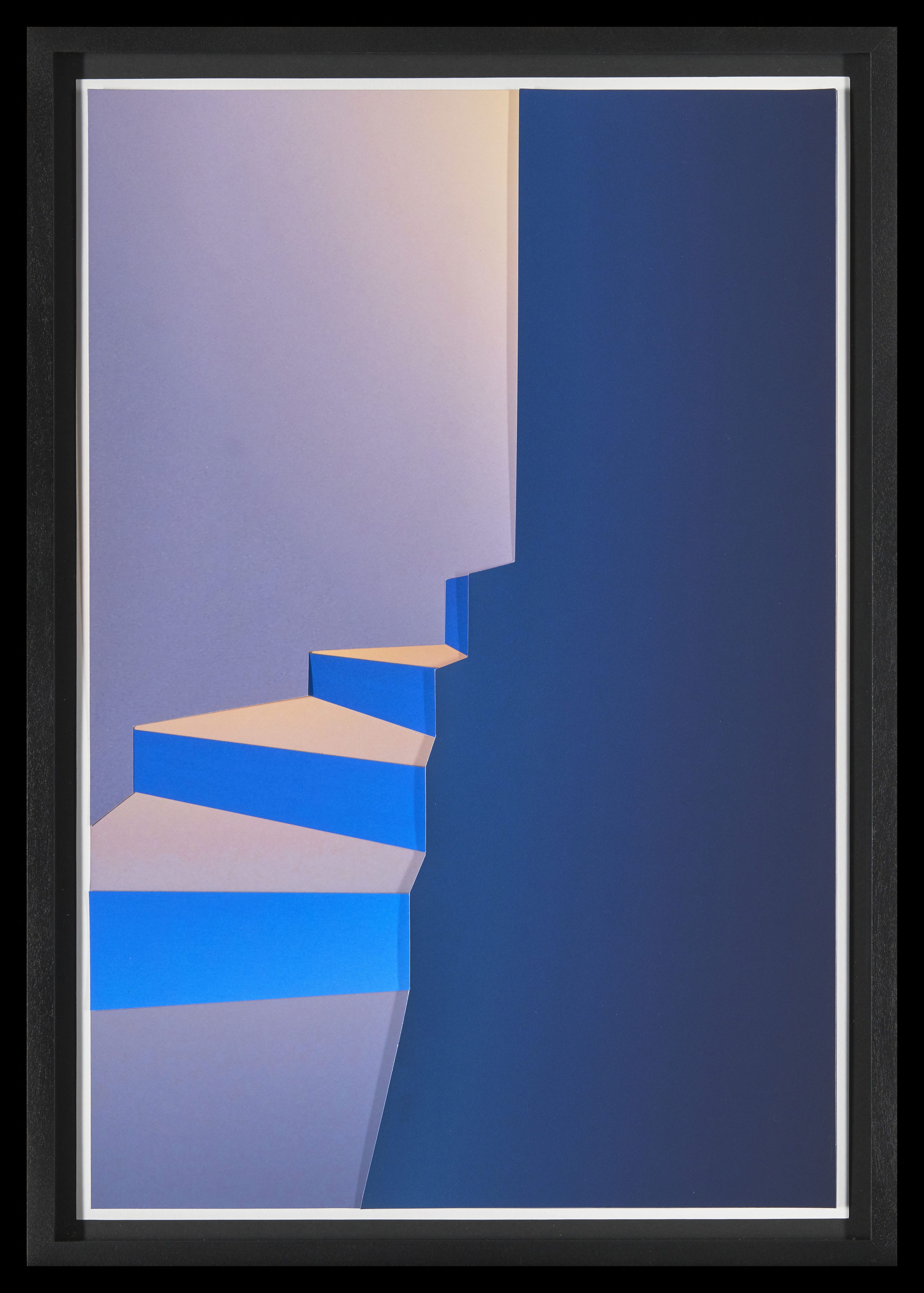 An abstract three-dimensional collage of what appears to be a staircase going up and around a corner, composed of several photographs of the sky.